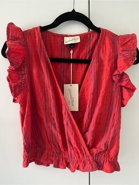 Universal Thread Red Striped Faux Wrap Cropped Blouse with Ruffle Sleeves